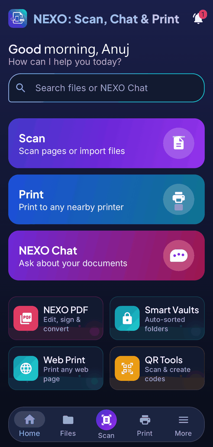 NEXO home screen, dark theme