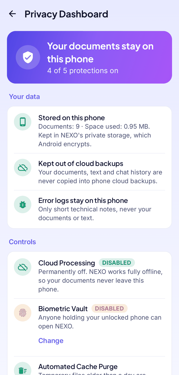 Privacy Dashboard screen
