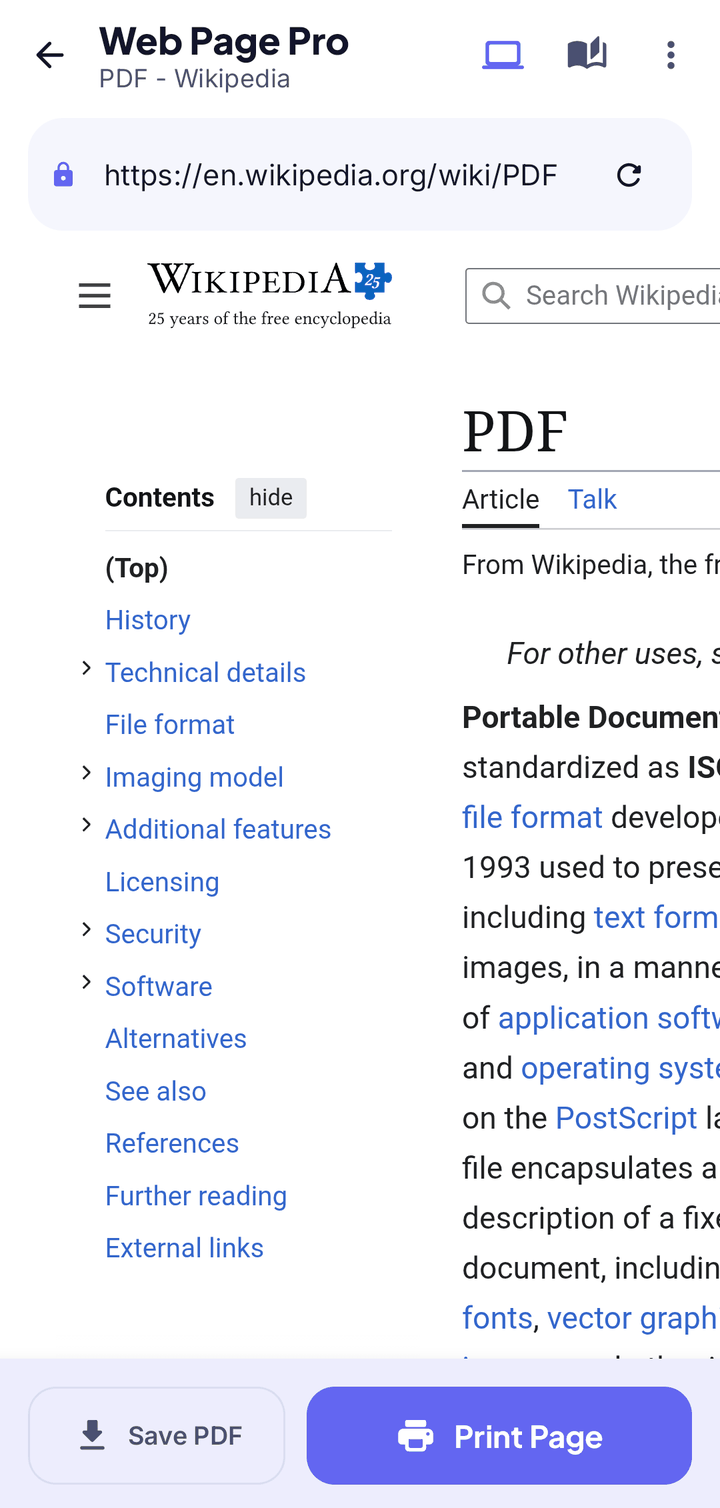 Web Print showing the computer version of a page