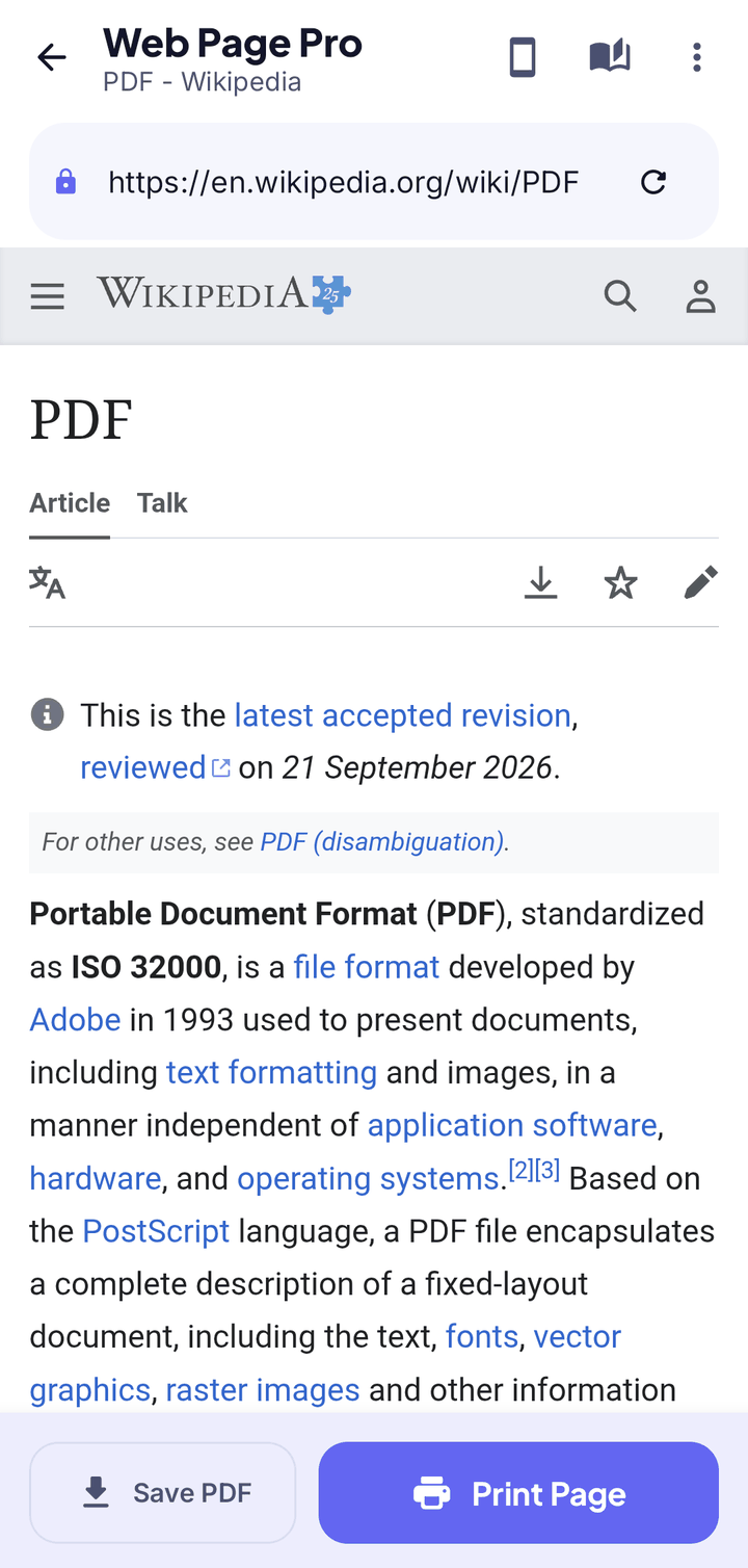 Web Print showing the mobile version of a page